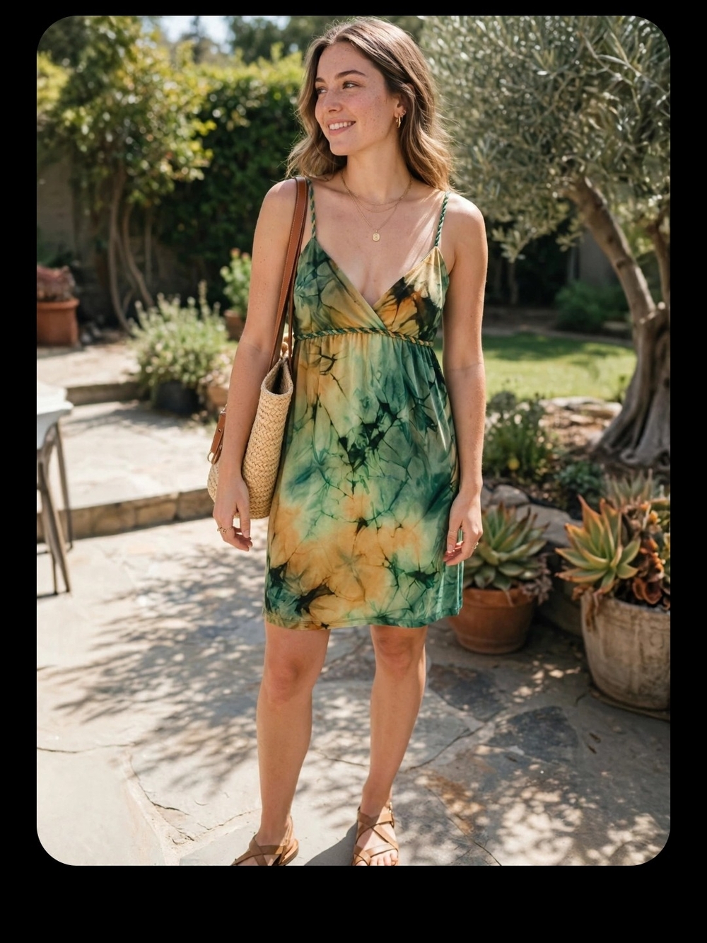 Tie-Dye V-Neck Spaghetti Strap Mini Dress in Green & Yellow